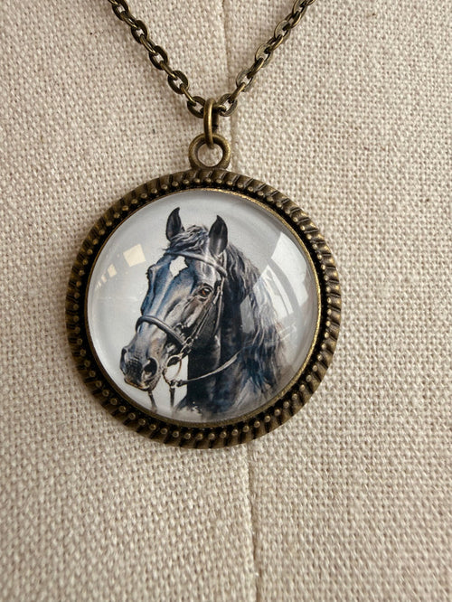 Round horse portrait glass pendant necklace with bronze-tone beaded edge chain
