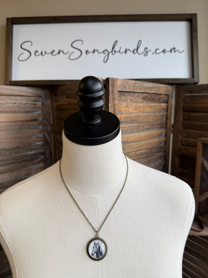 Horse glass pendant necklace with round framed photo pendant on chain