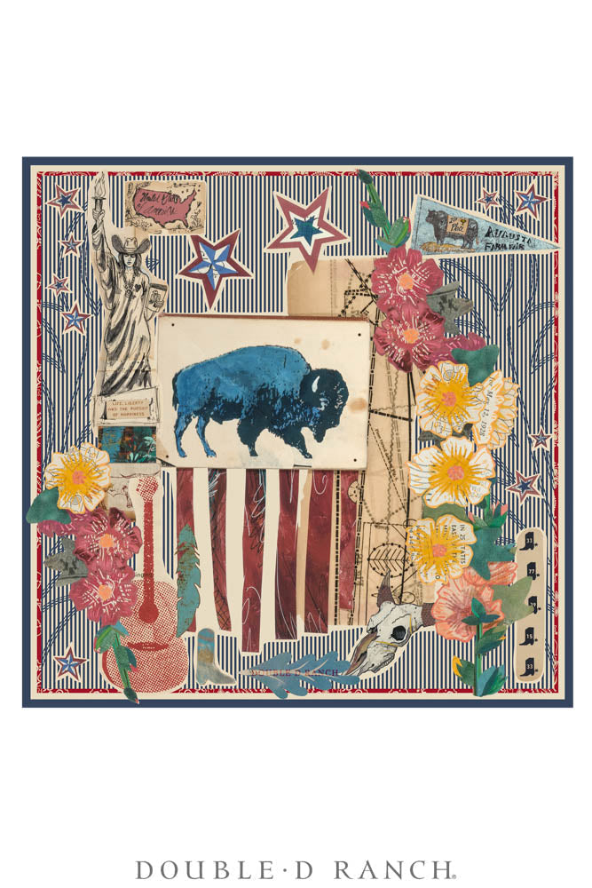 Double D Ranch silk scarf with patriotic stars, stripes, bison and floral graphics