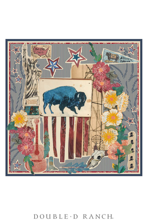 Double D Ranch silk scarf with patriotic stars, stripes, bison and floral graphics