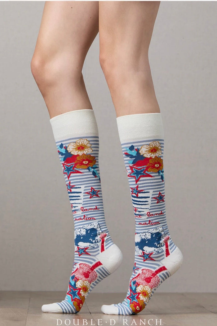 White crew socks with red and blue star, floral, and ribbon-style print