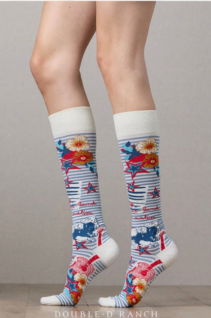 White crew socks with red and blue star, floral, and ribbon-style print