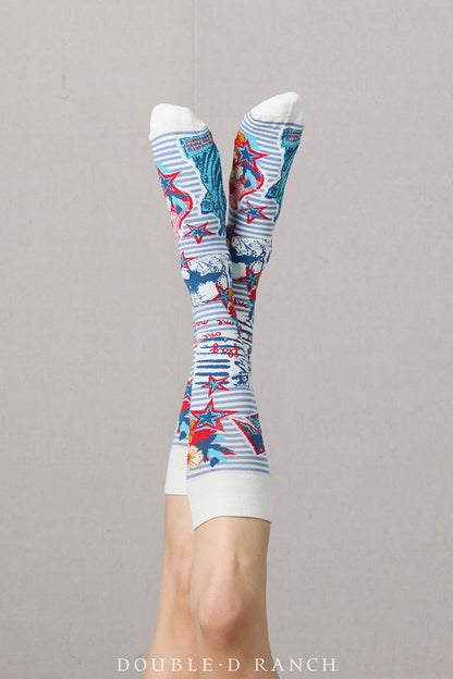 White crew socks with red, blue star and patriotic graphic pattern