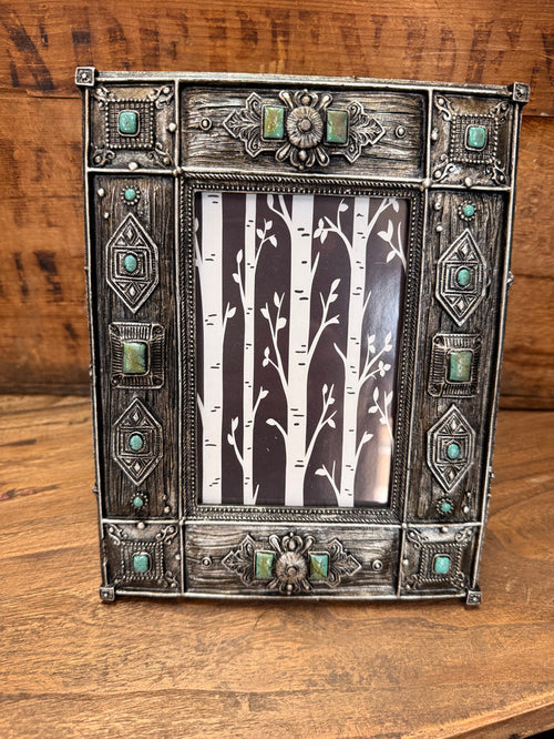Weathered silver 4x6 picture frame with turquoise insets and birch-pattern photo