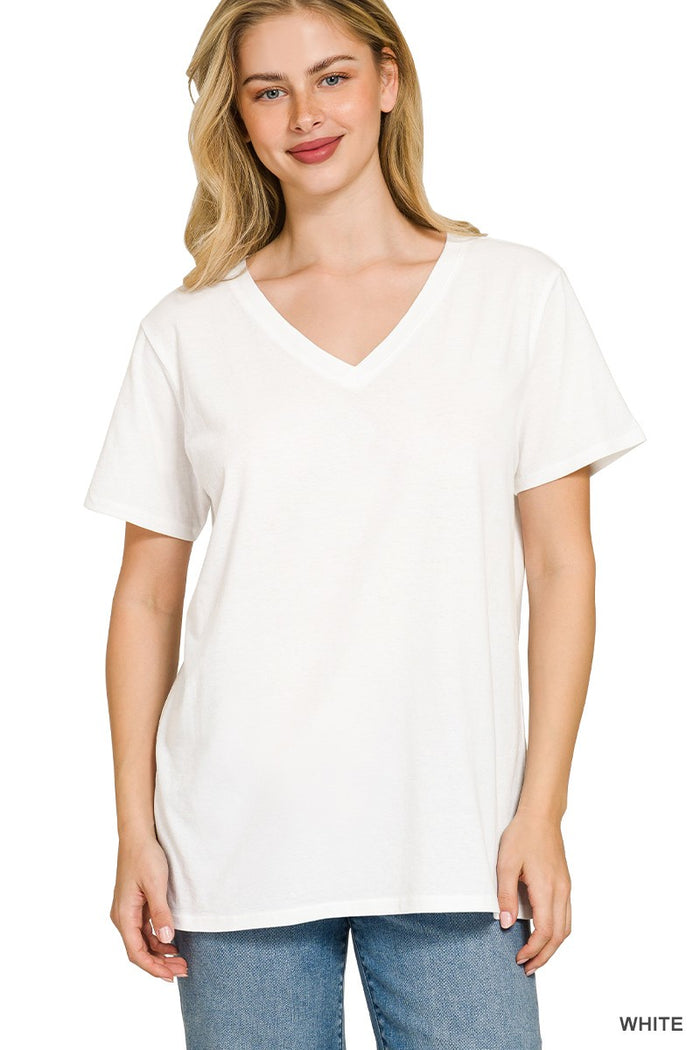White cotton V-neck boyfriend T-shirt with short sleeves, relaxed fit