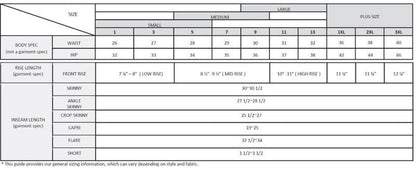 Denim size chart with waist, hip, rise, inseam, and garment length measurements