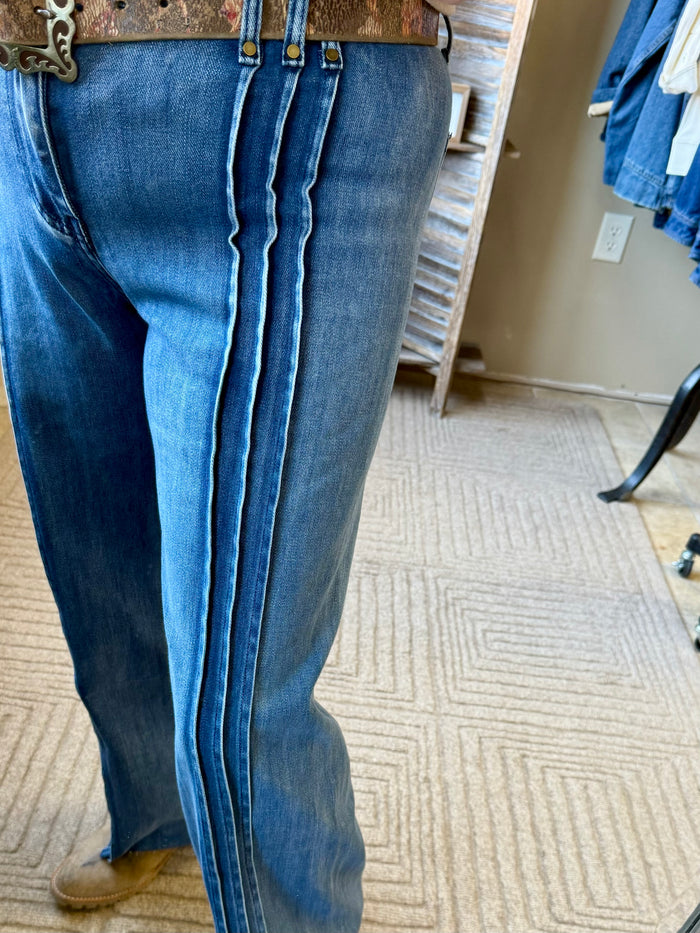 Dark blue wide-leg jeans with long contrast front seam detailing