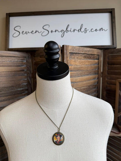 Cowgirl glass pendant necklace with round portrait pendant and dark chain