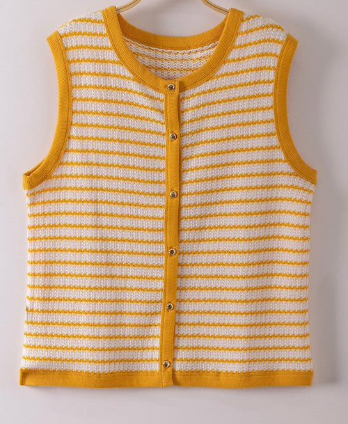 Yellow and white striped knit button-front tank vest with sleeveless crew neck