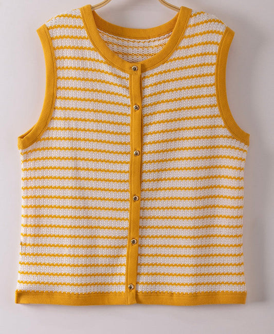 Yellow and white striped knit button-front tank vest with sleeveless crew neck