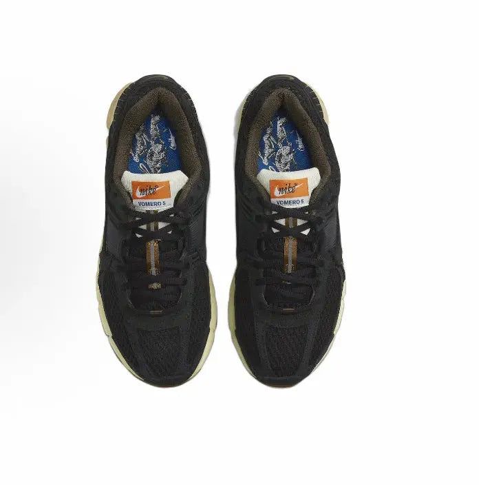 Nike running shoes, black uppers with blue lining and lace-up front panels