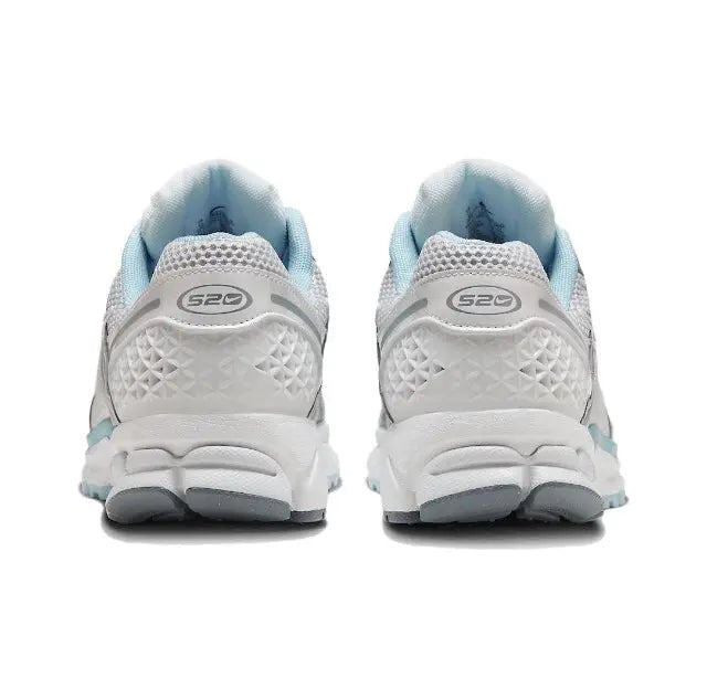 Back view running sneaker, light grey mesh with light-blue collar padding